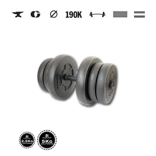 GazoFitness® Ganteră 21,5 kg (1 buc.) cu bară filetată – discuri 2 × 5 kg + 4 × 2,5 kg