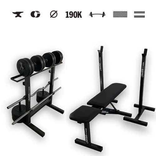 GazoFitness® Set Hardcore 66 kg + suport mobil, bancă rabatabilă, suport pentru discuri