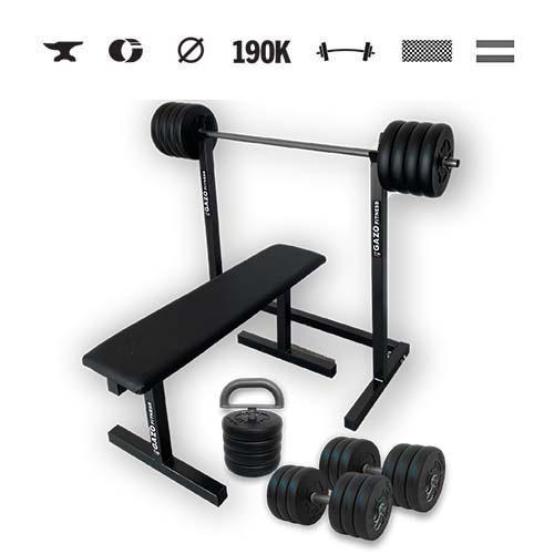 GazoFitness® Suport + bancă + set Hardcore + kettlebell (total 88,5 kg)